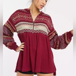 Free People Cabin Fever Burgundy Patterned Tunic Half Zip Tunic Top